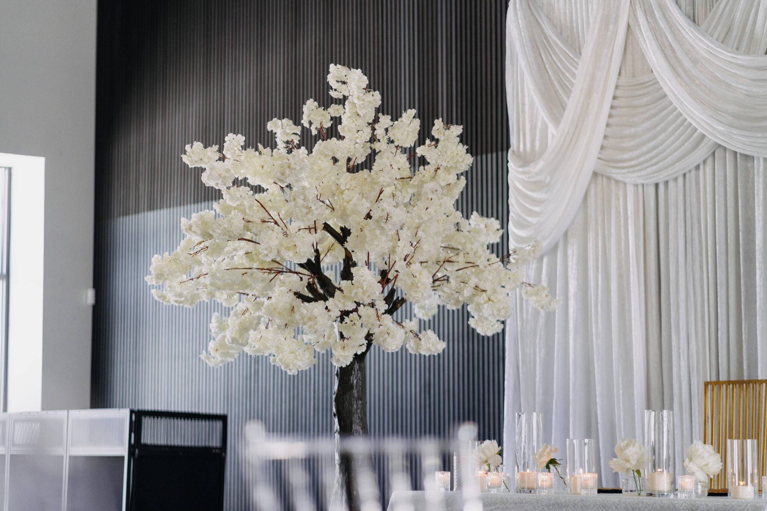 White floral tree decor at Copacabana Hall